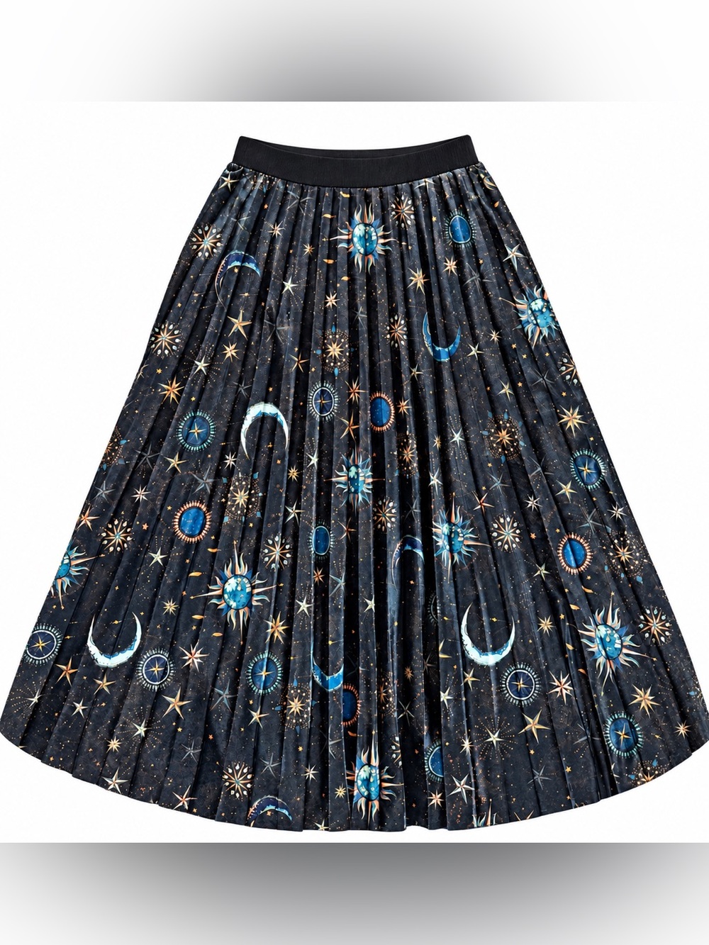 FARM Rio Rare Celestial Pleated Velvet Midi Skirt Print Black Blue